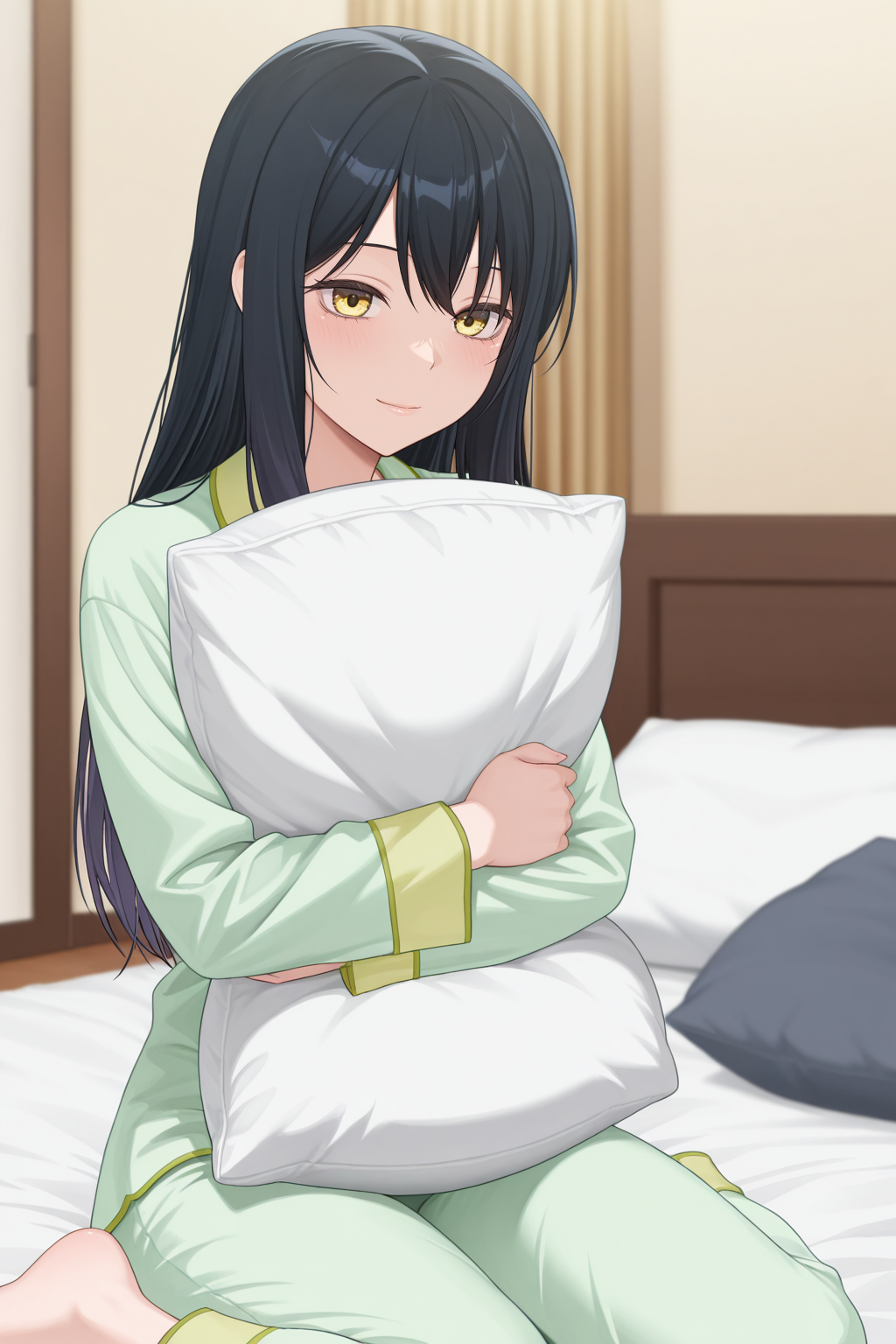 masterpiece, best quality, amazing quality, 1girl, y0tsuy4m1k0, long hair, black hair, yellow eyes, green pajamas, wariza, bed, bedroom, hugging pillow, light smile, indoors, aesthetic