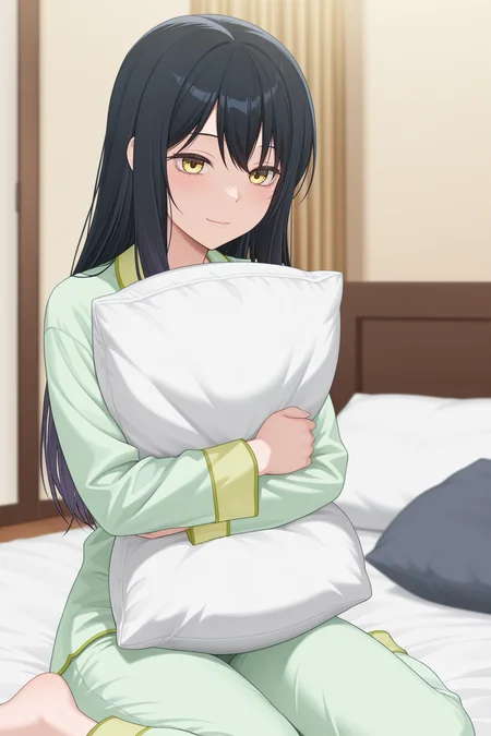 masterpiece, best quality, amazing quality, 1girl, y0tsuy4m1k0, long hair, black hair, yellow eyes, green pajamas, wariza, bed, bedroom, hugging pillow, light smile, indoors, aesthetic