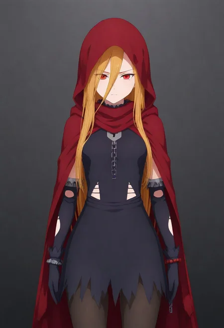 masterpiece, best quality, amazing quality,,, shiny skin,,,,,, <lora:Evileye:1> N4rb3r4lG4mm4, red eyes, blonde hair, very long hair, hair between eyes, torn clothes, hood, pantyhose, black dress, gloves, chain, hooded cloak, shackles,