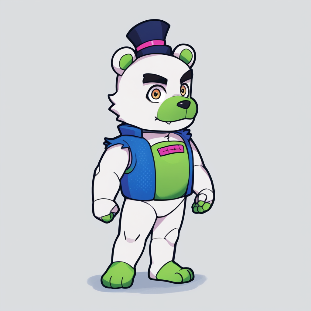 source_anime, colorful, score_9, score_8_up, score_8, (masterpiece), BREAK, 1boy,  chibi, <lora:saucebear_ponyxl-10:1.4>  (saucebear), blue hat, bear ears, yellow eyes, white fur, green chest, blue vest. simple background,  <lora:add-detail-xl:1.0>