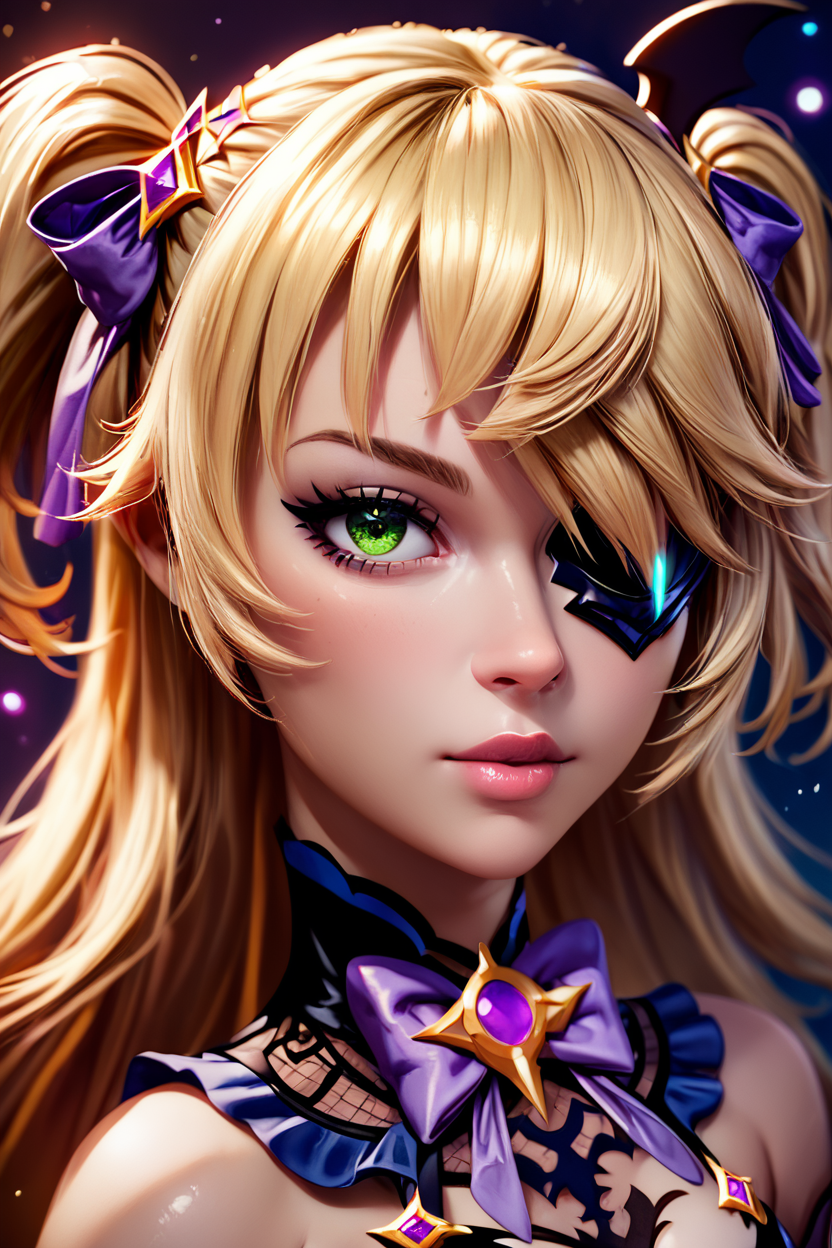 score_9, score_8_up, score_8, medium breasts, (curvy), cute, eyelashes,       ,,, ,  zzFischl, green eyes, hair over one eye, blonde hair, hair ribbon, long hair, two side up,    bodystocking, eyepatch, leotard, ribbon, gloves, bow, bowtie, bare shoulders, purple bow,   <lora:FischlGenshinIXL:0.8>,   , BREAK,  (ultra realistic,32k, masterpiece:1.2),(high detailed skin:1.1),( high quality:1.1), head tilt, lips, closed mouth, shiny clothes, (upper body), looking at viewer, bokeh, luminescent background, ,,, embedding:zPDXL, Expressiveh, ,,, <lora:RlAnmPDXL:1.0>,