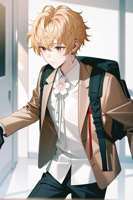 artist:gomzi,artist:wanke,artist:diyokama, rei_(sanbonzakura),[[artist:fuzichoco]],year 2023, 
school hall, solo, 1boy,
tsukishima ryuuto, brown eyes, blonde hair, short hair, messy hair, earrings,
white shirt, flower necklace, brown blazer, black gloves, black bag, backpack,
black pants, <lora:tce2_majorcharacters.ilxl:0.8>