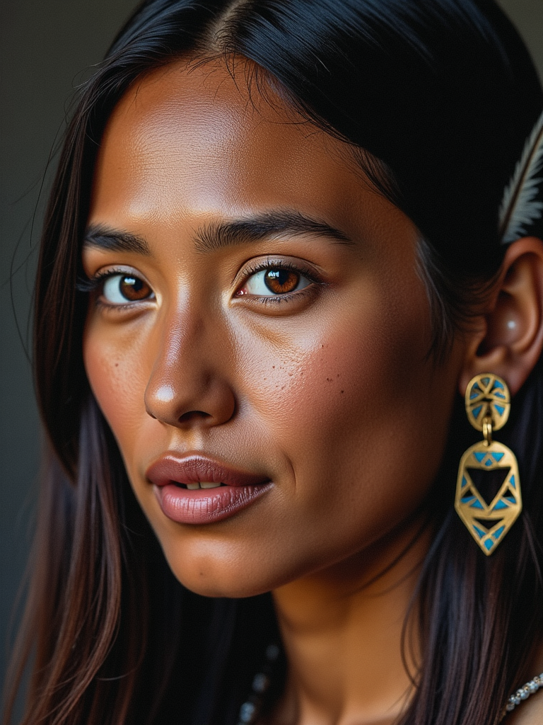 Portrait, close-up of face, young native american woman with a calm and reflective gaze, sideview, smooth yet naturally textured skin with detailed skin pores visible, feather ornaments in their hair, warm brown eyes with a soft light reflecting in them, slightly parted lips suggesting a gentle smiling expression, well-defined brows giving her a thoughtful look, skin tones rich and earthy, lighting gently highlighting the contours of her face, creating a subtle depth and shadow, muted background that enhances her presence, conveying a sense of quiet strength and introspection, emotive and subtly powerful visual impact <lora:detailed_skin_portraits-000005:0.65>