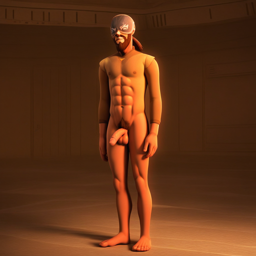 kanan jarrus, 1boy, solo, male focus, facial hair, beard, brown hair, helmet, ponytail, short ponytail, low ponytail, mask, pubic hair, completely nude, abs, penis, balls, standing,  score_9, score_8_up, score_7_up, score_6_up <lora:vinceteaa_020_04v2-step00000400r:1> good face, good eyes, looking at viewer, full body, standing,