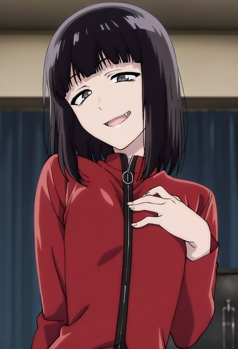 masterpiece, best quality, absurdres, detailed skin, detailed eyes, anime colored, anime screencap,
<lora:Suzushiro_Hatsuka_IL-000008:1>, 1 boy, femboy, Suzushiro Hatsuka, black hair, black eyes, bangs, jacket, zipper, looking at viewer, 
upper body, head tilt, smile, hand on chest, open mouth, fang, eyes open,