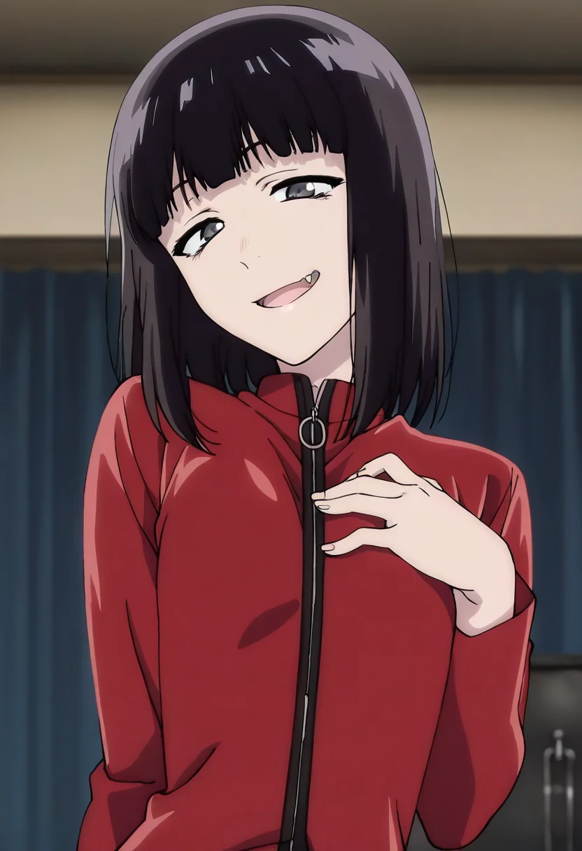 masterpiece, best quality, absurdres, detailed skin, detailed eyes, anime colored, anime screencap,
<lora:Suzushiro_Hatsuka_IL-000008:1>, 1 boy, femboy, Suzushiro Hatsuka, black hair, black eyes, bangs, jacket, zipper, looking at viewer,
upper body, head tilt, smile, hand on chest, open mouth, fang, eyes open,