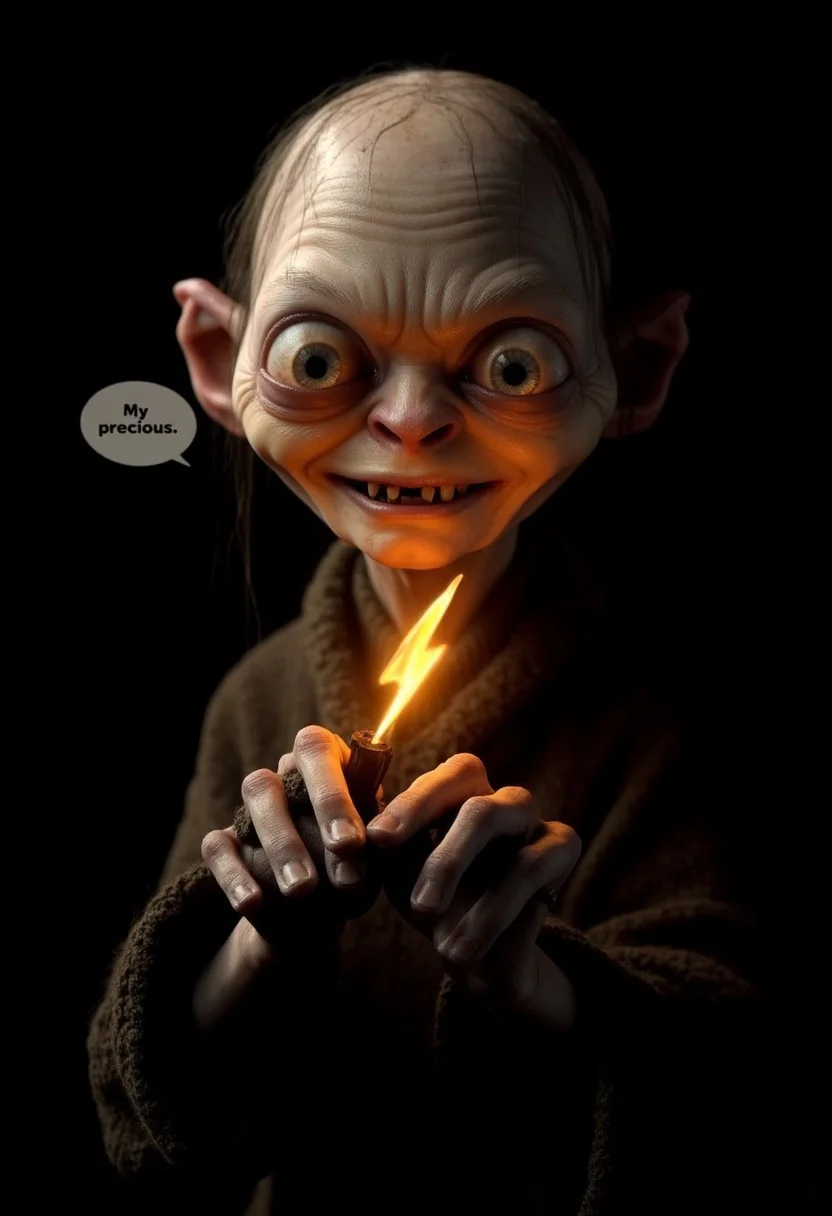 Create a highly realistic, detailed image of Smeagol from The Lord of the Rings. He is holding a small orange lightning bolt emoji that is glowing intensely. Smeagol should have a gaunt, twisted look, with large, expressive eyes, and is whispering 'My precious' in a speech bubble. The background is completely black, with the only illumination coming from the glowing lightning bolt. Render in 4K with realistic lighting and textures.