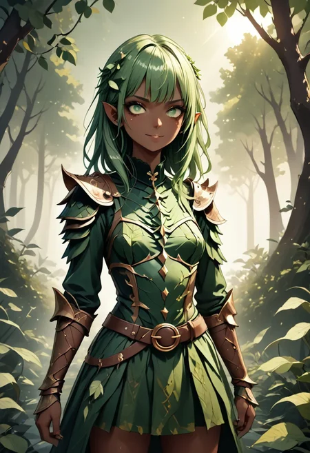 score_9, 1girl, Digital illustration featuring a fantasy-style elven character in a forest setting. The character is A 25-year-old goth darkelf with perfect face and perfect well-endowed hourglass figure lime green hair in long messy hairstyle. She is a darkelf with bleak dark skin and pointy ears, beautiful smile. she is dressed in full medieval-style armor, including shoulder plates, wrist guards, and a belt with a green cloth skirt adorned with various pouches and metal accents. The background is a lush, green forest with sunlight filtering through the trees, creating a mystical atmosphere. The character's facial expression is stern and determined, with green eyes and detailed tattoos on her arms.  WORLD MORPH LEAVES, RED LEAVES, DEAD LEAVES, PLANT GIRL, F41Arm0rXL