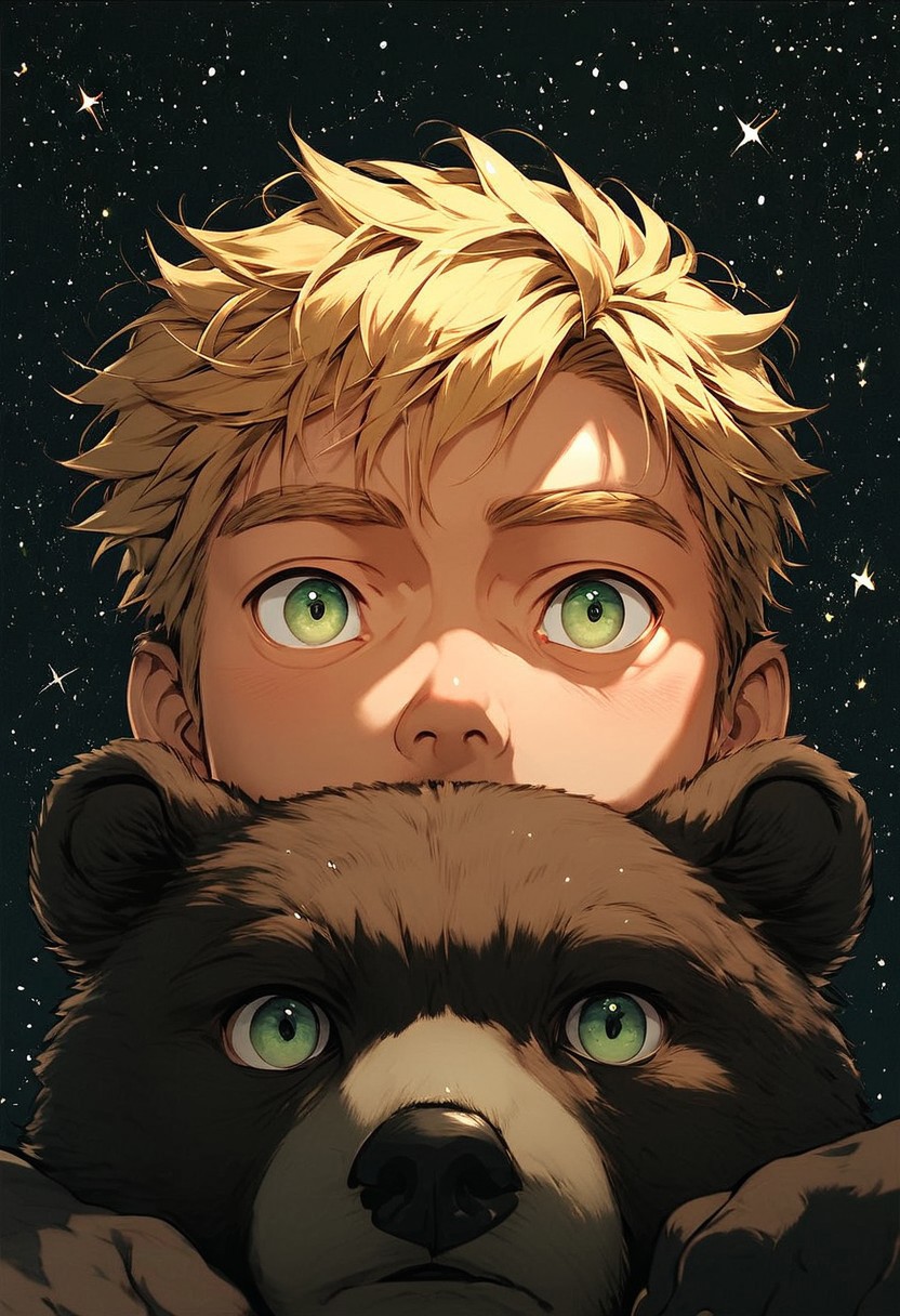 score_9, score_8_up, score_7_up, score_6_up, score_5_up, score_4_up,  male and a bear cub, (black star:1.2), male has blonde hair and green eyes, small eyes, galaxy, black background