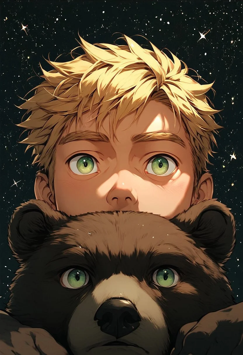 score_9, score_8_up, score_7_up, score_6_up, score_5_up, score_4_up, male and a bear cub, (black star:1.2), male has blonde hair and green eyes, small eyes, galaxy, black background