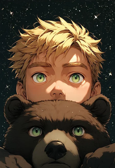 score_9, score_8_up, score_7_up, score_6_up, score_5_up, score_4_up, male and a bear cub, (black star:1.2), male has blonde hair and green eyes, small eyes, galaxy, black background