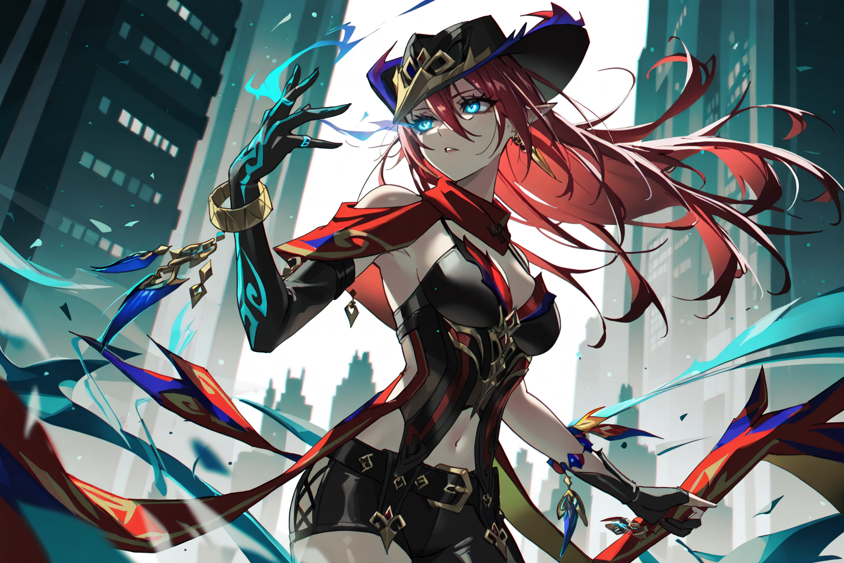 8k, best quality, masterpiece, (ultra-detailed), (high detailed skin), 
1girl, dynamic angle, head tilt, flaming eye, glowing eyes, looking afar, Depth of field, dim lighting, back lighting, dark, Neon, optical illusion, [Cyan|Red] anaglyph, motion blur, spot color, [(anaglyph background:1.2)::0.2], (Buildings Silhouette background:1.2), newest, highres, illustration, incredibly absurdres, ultra detailed, masterpiece, best quality, 
<lora:Chasca-noob-Tanger-000014:0.8>, Chasca, Chasca-def clothes, capelet, single pantsleg, blakc corset, 1girl, pointy ears, blue eyes, breasts, hat, jewelry, red long hair, navel, earrings, bracelet, black asymmetrical fingerless gloves, asymmetrical clothes, hanging ornaments, 
cold face, cool, <lora:neg101-000008:0.6>,