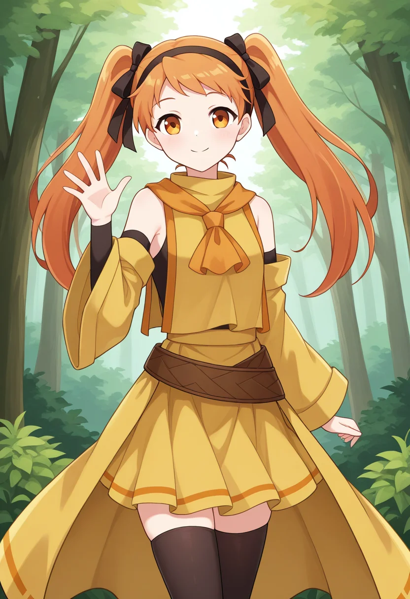 1girl, solo, linalyuri, orange hair, long hair, twintails, hair ribbon, hairband, orange eyes, sleeveless shirt, detached sleeves, tabard, ascot, skirt, waist cape, belt, thighhighs, outdoors, forest, waving, cowboy shot, smile,
