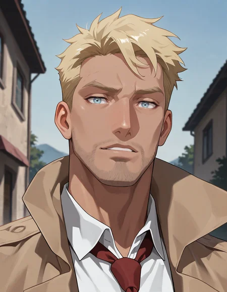 masterpiece, best quality, absurdres, newest, perfect quality, best quality, absolutely eye-catching, detailed background, intricate details, male focus, anime, solo, <lora:John Constantine - Illustrious:0.7> john_c, blonde hair, light blue eyes, stubble, tan trench coat, white collared shirt, red necktie, portrait, outdoors, day