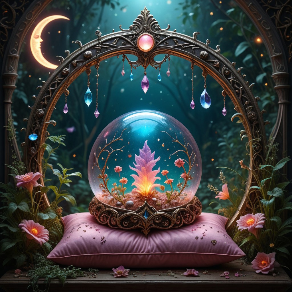 best quality, reality-shot, realism, realistic portrait photography of a beautiful pillow with whimsical elements, magical fairytale landscape, elaborate fantasy style art, black and light pink theme, intricate details, exquisite detail, ultra sharp, flawless composition, vivid colors, masterpiece, exciting background with glowing flowers and a crescent moon, opalescence, fantastical Crystal, glowing, Waterdrop, jellyfish, Framed by plants, in the style of art nouveau, witchcraft, magical symbols, flower ornate, magic, wicca, gems and crystals, elaborate
