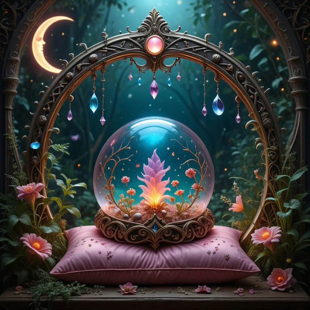 best quality, reality-shot, realism, realistic portrait photography of a beautiful pillow with whimsical elements, magical fairytale landscape, elaborate fantasy style art, black and light pink theme, intricate details, exquisite detail, ultra sharp, flawless composition, vivid colors, masterpiece, exciting background with glowing flowers and a crescent moon, opalescence, fantastical Crystal, glowing, Waterdrop, jellyfish, Framed by plants, in the style of art nouveau, witchcraft, magical symbols, flower ornate, magic, wicca, gems and crystals, elaborate