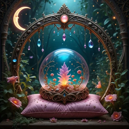 best quality, reality-shot, realism, realistic portrait photography of a beautiful pillow with whimsical elements, magical fairytale landscape, elaborate fantasy style art, black and light pink theme, intricate details, exquisite detail, ultra sharp, flawless composition, vivid colors, masterpiece, exciting background with glowing flowers and a crescent moon, opalescence, fantastical Crystal, glowing, Waterdrop, jellyfish, Framed by plants, in the style of art nouveau, witchcraft, magical symbols, flower ornate, magic, wicca, gems and crystals, elaborate