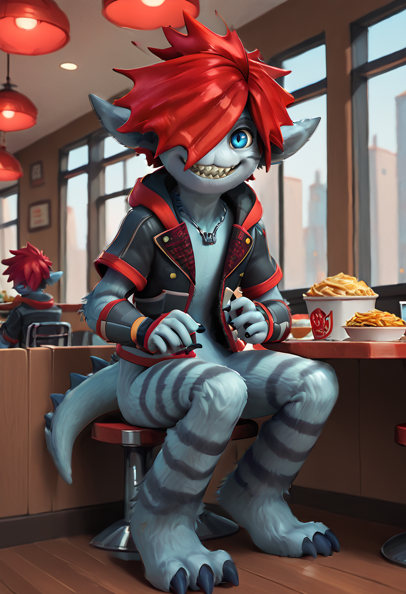 score_9, score_8_up, score_8,
sitting, restaurant, window, food, 
 <lora:Monster_Sora:0.8> 1boy, furry, s0r4, red hair, blue eyes, tail, hair over one eye, jewelry, jacket, sharp teeth, smile, solo
