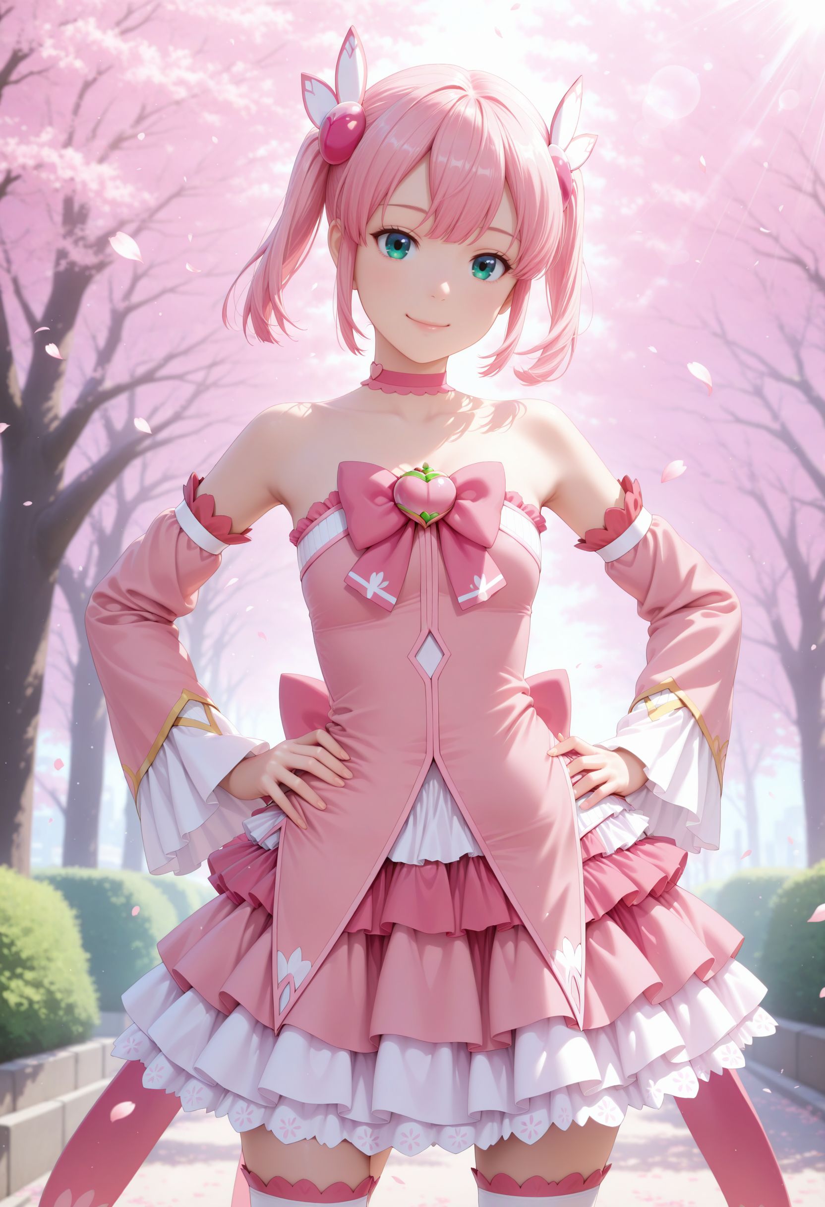 masterpiece, best quality, newest, realistic, very awa, looking at viewer, ,
looking at viewer, smile, , happy, outdoors, petals, sakura trees, lens flare, sun rays, looking at viewer, dutch angle
standing, hand on hips,
 1girl, short hair, pink hair, twintails, hair ornament, green eyes, small breasts, magical girl, pink choker, bare shoulders, pink bow, frills, strapless dress, pink dress, detached sleeves, layered skirt, white thighhighs,
 <lora:Chiyoda Momo v2:1>