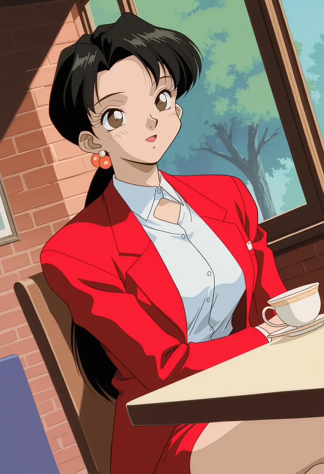 ktml_sakura, 1990s \(style\), adult woman, film grain, 1girl, solo, sitting, on chair, upper body, dutch angle,
window, tree, brick wall, restaurant, table, teacup, medium breasts, looking ahead, open mouth, smile,
black hair, long hair, low ponytail, hair ornament, parted bangs, earrings, jewelry, eyelashes, brown eyes, blush, pose, crossed legs, thighs,
red jacket, formal, suit, white collared shirt, dress shirt, (shirt cutout:1.2), open jacket, red pencil skirt,
best quality,amazing quality,very aesthetic,absurdres
 <lora:ktml_sakura:1>