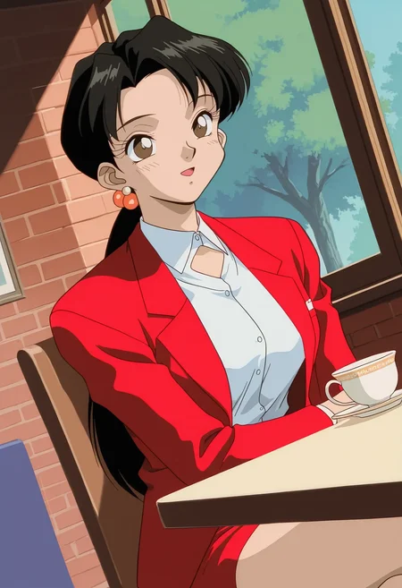 ktml_sakura, 1990s \(style\), adult woman, film grain, 1girl, solo, sitting, on chair, upper body, dutch angle,
window, tree, brick wall, restaurant, table, teacup, medium breasts, looking ahead, open mouth, smile,
black hair, long hair, low ponytail, hair ornament, parted bangs, earrings, jewelry, eyelashes, brown eyes, blush, pose, crossed legs, thighs,
red jacket, formal, suit, white collared shirt, dress shirt, (shirt cutout:1.2), open jacket, red pencil skirt,
best quality,amazing quality,very aesthetic,absurdres
<lora:ktml_sakura:1>