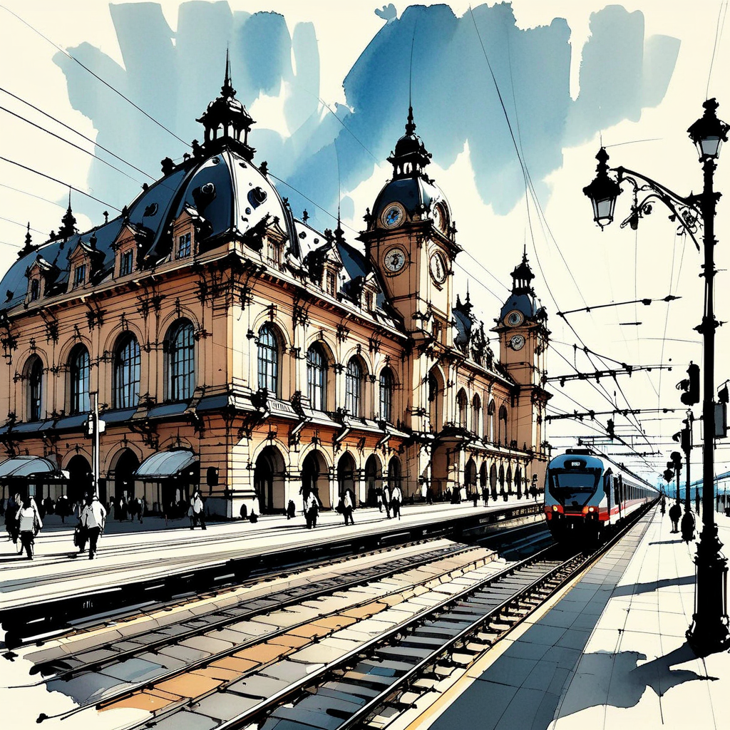 inksketch, landscape, train station, beautiful building