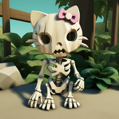 wooden skeleton (hello kitty:1.3), geometric lush jungle background <lora:Pirates-Kytra-XL-32dim-V1:0.75> realistic shadows, realistic shadows, metal textures