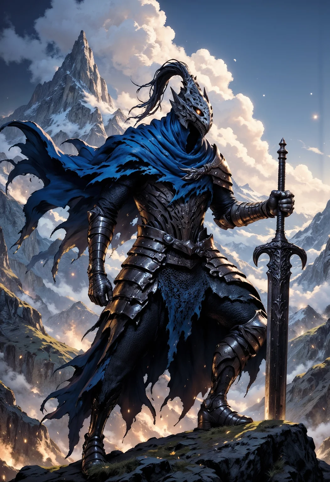 FluxArtorias, A stoic, battle-worn knight stands atop a jagged mountain peak, his tattered blue cloak billowing in the harsh wind. He is holding a sword, its blade reflecting the dancing fire particles that surround him. This ultra-realistic depiction of a dark fantasy warrior is rendered with exquisite detail, from the intricate armor to the intense expression on the knight's weathered face. The lighting and texture in this painting create a sense of depth and intensity, immersing the viewer in a world of magic and danger. <lora:FluxArtorias:1> <lora:FluxMythP0rtr4itStyle:0.8> mythp0rt <lora:fluxenhancer:0.5>