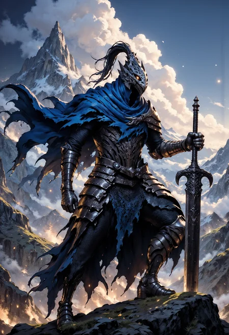 FluxArtorias, A stoic, battle-worn knight stands atop a jagged mountain peak, his tattered blue cloak billowing in the harsh wind. He is holding a sword, its blade reflecting the dancing fire particles that surround him. This ultra-realistic depiction of a dark fantasy warrior is rendered with exquisite detail, from the intricate armor to the intense expression on the knight's weathered face. The lighting and texture in this painting create a sense of depth and intensity, immersing the viewer in a world of magic and danger. <lora:FluxArtorias:1> <lora:FluxMythP0rtr4itStyle:0.8> mythp0rt <lora:fluxenhancer:0.5>