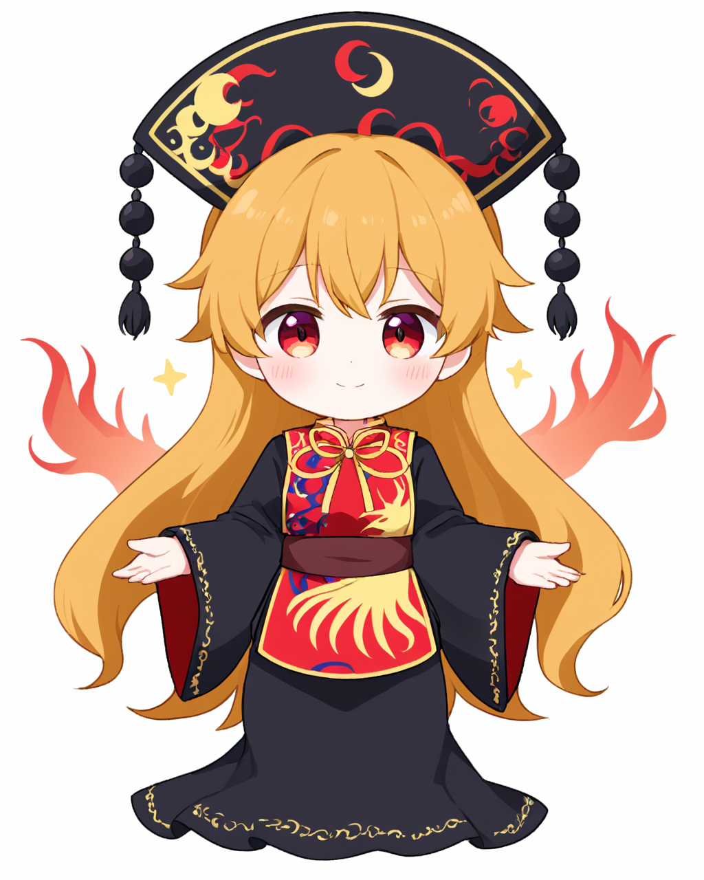 junko \(touhou\),tabard, chibi, smile, black_dress, phoenix_crown, long_sleeves, wide_sleeves, chinese_clothes, crescent, hat, closed_mouth, 1girl, solo, black_headwear, pom_pom_\(clothes\), simple_background, white_background, blush, standing, energy, yellow_bowtie, red_vest, stuffed_animal, black_sleeves, belt, black_footwear, hands_up
<lora:junko_(touhou)_image6079_2023-12-20-000007:1>,star-shaped_pupils,symbol-shaped_pupils,. gorgeous,key visual, vibrant, studio anime,award-winning, professional, highly detailed,high budget, cinemascope