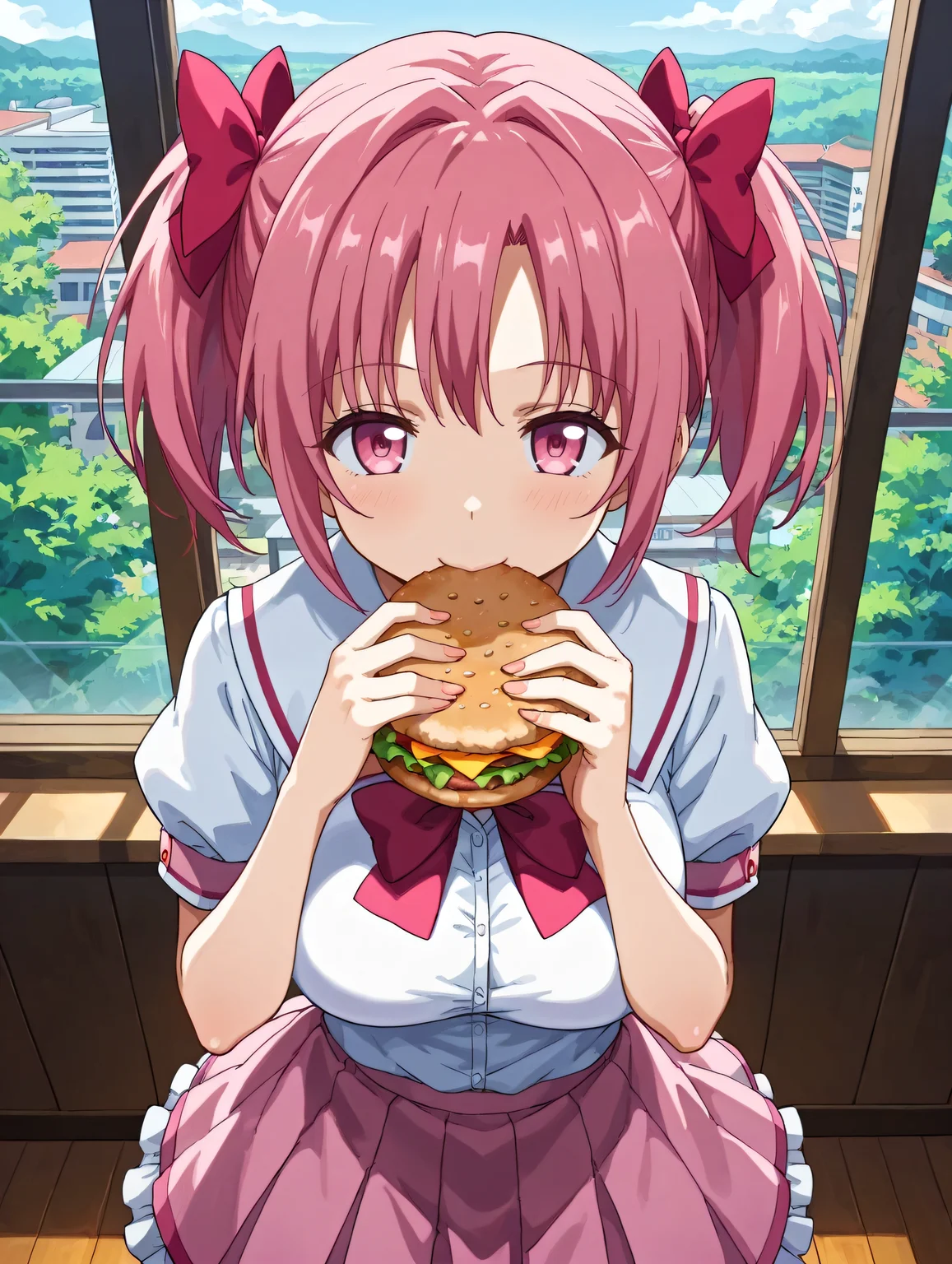 score_9, score_8_up, score_7_up, source_anime,
<lora:Mahou_Jouka_Shoujo_Utea_Hentai_Style:0.725>, UteaStyle,
BREAK
1girl, solo, kaname_madoka, mahou_shoujo_madoka_magica, hair bow, twintails, pink_hair, pink_eyes, school uniform, skirt
BREAK
large breasts, eating burgers at a restaurant, smile, confused, window, looking at viewer, from above