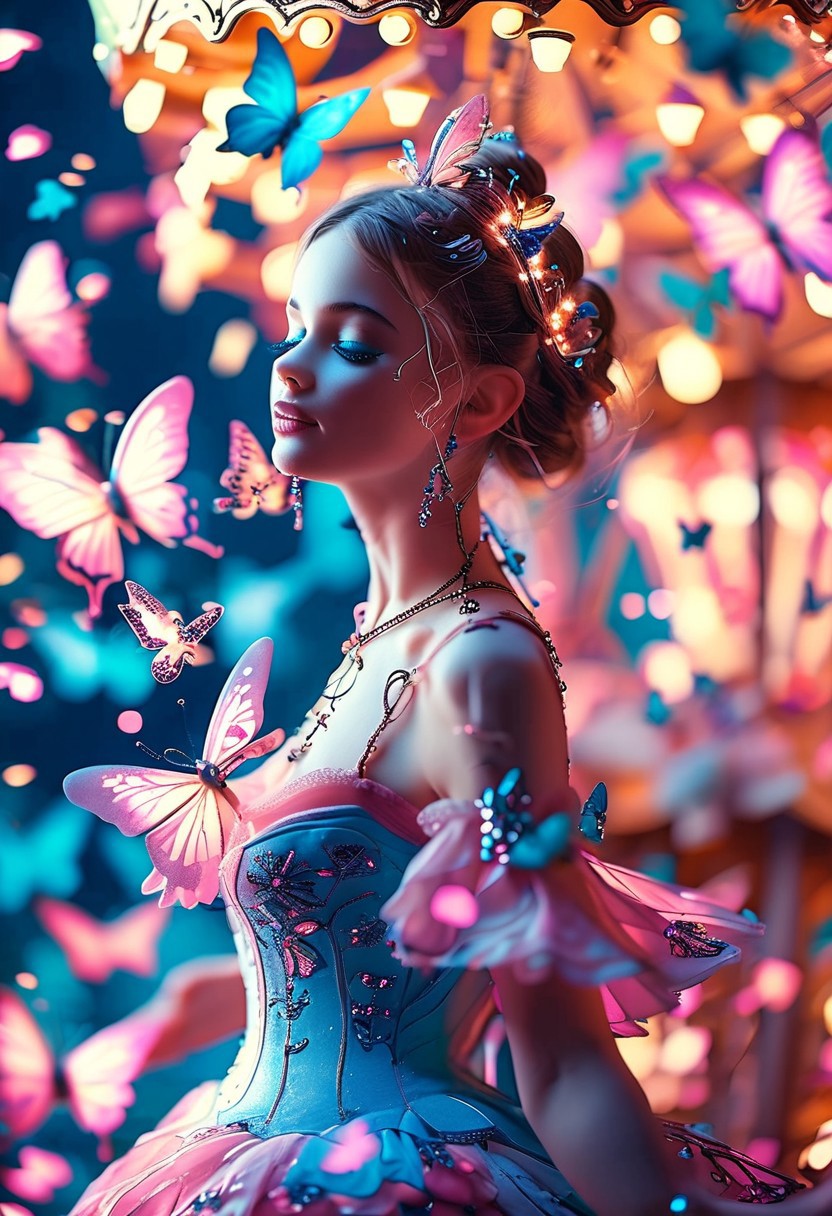 Fairy dancing like a ballerina on a miniature carrousel, blue and pink lighrs shine on her, she is surrounded by butterflies, sci-fi fantasy style, vibrant colors, Pentax K1000 with Helios 44-2 58mm f/2, ultra fine detail, cinematic, 35mm film.
