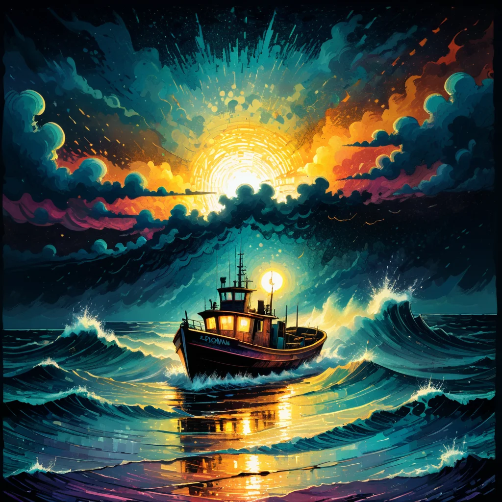 Mixed media magic. Artist James R. Eads. Stormy night over the troubled sea. drifting fishing boat, flashes of lightning on the horizon, vibrant colors, sunset influencing the sun, a fantastic vision, a detailed, complex and quality background. Old film grain, tetradic colors, rust style, vantablack aura, golden ratio, rule of thirds, cinematic lighting Dark and magical realism. Complementary poisonous colors with deep zoom Memphis style, abstract bokeh background with deep zoom<lora:xl_more_art-full_v1:0.3> <lora:TShirtDesignRedmondV2-Tshirtdesign-TshirtDesignAF:1> T shirt design, TshirtDesignAF