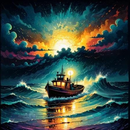 Mixed media magic. Artist James R. Eads. Stormy night over the troubled sea. drifting fishing boat, flashes of lightning on the horizon, vibrant colors, sunset influencing the sun, a fantastic vision, a detailed, complex and quality background. Old film grain, tetradic colors, rust style, vantablack aura, golden ratio, rule of thirds, cinematic lighting Dark and magical realism. Complementary poisonous colors with deep zoom Memphis style, abstract bokeh background with deep zoom<lora:xl_more_art-full_v1:0.3> <lora:TShirtDesignRedmondV2-Tshirtdesign-TshirtDesignAF:1> T shirt design, TshirtDesignAF