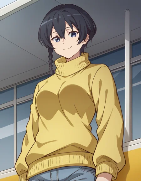 score_9, score_8_up, score_7_up, source_anime, <lora:karen-kohiruimaki-s1-ponyxl-lora-nochekaiser:1>, karen kohiruimaki, short hair, bangs, blue eyes, black hair, hair between eyes, braid, side braid, medium breasts,, long sleeves, pants, sweater, turtleneck, denim, jeans, turtleneck sweater, yellow sweater, bus stop, waiting, commuter, smartphone, checking time, cold morning, smile, , from below, solo,, cowboy shot, dutch angle,