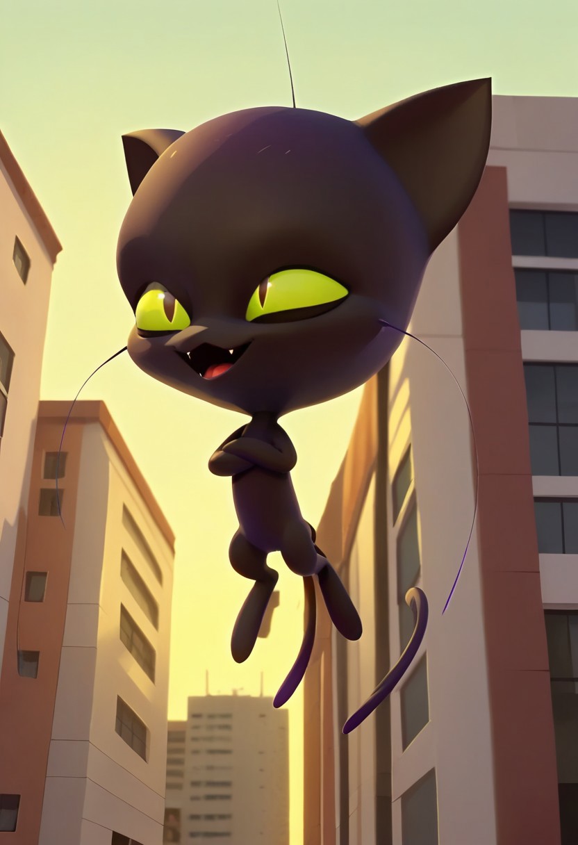 BREAK score_9, score_8_up, score_7_up, source_anime, plagg_kwami, black cat, black fur, green sclera, three blue whiskers, slit iris, (city ​​in the background),