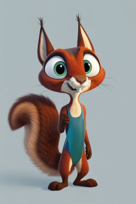 male, chibi, Chip_Squirrel, Superpets, sciurid, red fur, solo, freckles, green eyes, buckteeth, crooked whiskers, (fluffy tail:1.1), blushing, masterpiece, extreme detail, shy, nervous smile, skinny, shortstack, (loose singlet:1.5), (oversized swimsuit:1.5), off shoulder, underwear pull, (bulge:0.3), flat chest, simple background,  cute, adorable, age regression, oversized clothes, baggy clothing, green clothing, one-piece swimsuit, loose, baggy