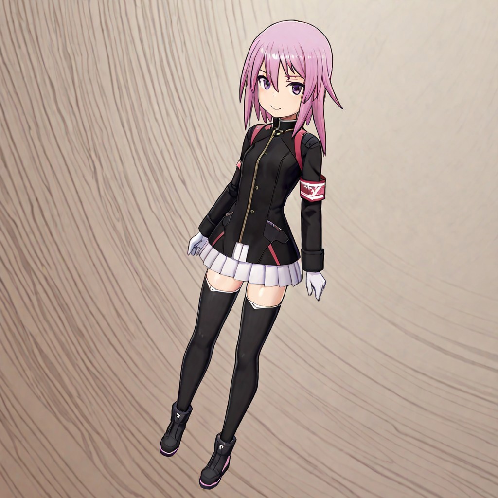 shiny skin,,1girl,,solo, score_9, score_8_up, score_7_up, source_anime,anime screencap,,smile,official costume,yotsuyu,pink hair,full,animacion_y,armband,black jacket,white miniskirt,white gloves,black thighhighs,black footwear,bodyng_deepnegative_v1_75t,an14ng_deepnegative_v1_75t