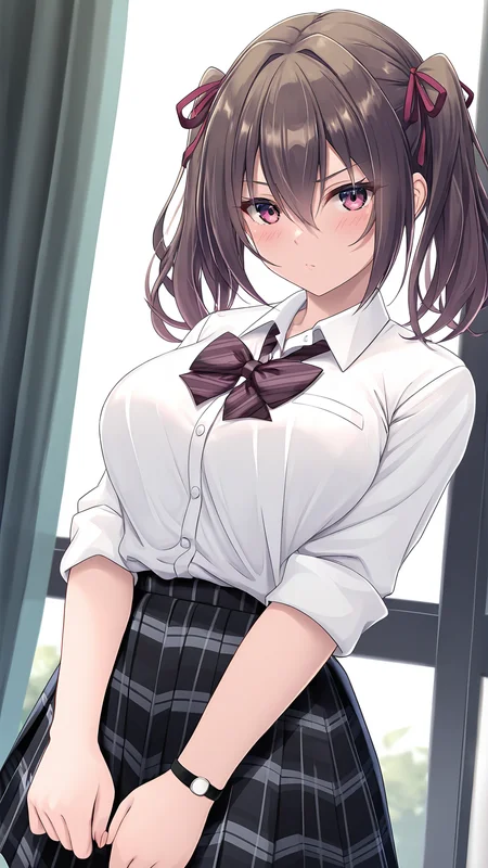 parametersamazing quality,absurdres,best quality,masterpiece,highres,newest,detailed,detailed body,detailed face,masterpiece,best quality,solo,
souonn,1girl,skirt,shirt,twintails,solo,brown hair,school uniform,breasts,white shirt,pleated skirt,ribbon,collared shirt,hair ribbon,bow,hair between eyes,long sleeves,<lora:suonn:0.8>,