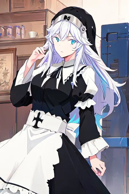 solo, 1girl, solo_focus,
sister ivry, long hair, bangs, blue eyes, hair between eyes, white hair,, maid, nun, habit, puffy sleeves, long sleeves, dress, black dress,