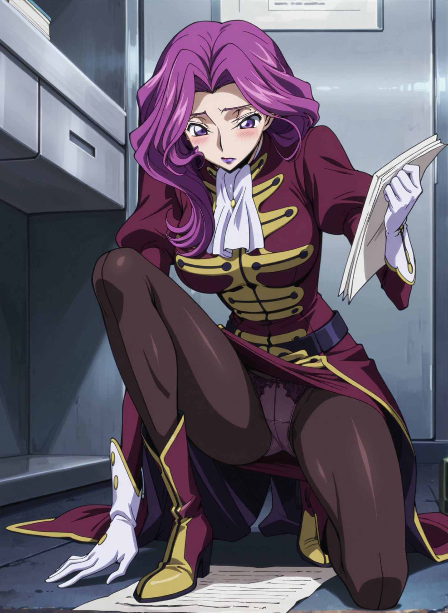 masterpiece,best quality,anime coloring,anime screenshot,
<lra:bra_peek:1>bra_peekV1,
1girl,pantyhose, blush,   solo, sexy panties, 
skirt,panties,  paper on ground,  kneel on one knee , 
panty shot, picking up  file, file,holding  paper ,
full body, looking down,  legs apart, 
mm,mature female,purple hair,purple eyes,lipstick,large breasts,anime coloring, s1,wavy hair,s1 uniform,ascot,gloves,boots,<lora:Cornelia_li_Britannia-Code_Geass:0.8>
code geass, official art,