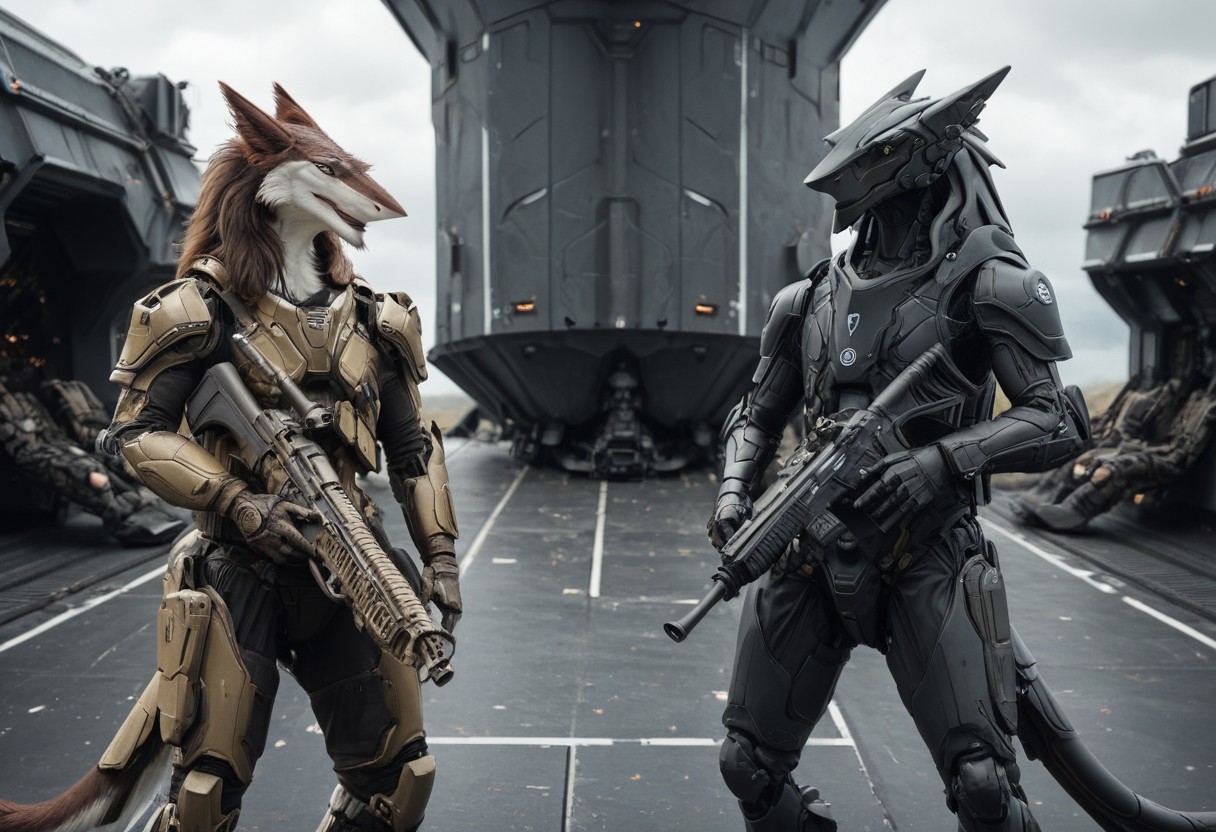 Cannon_design, Sergal, two people with guns and a spaceship in the background, sensitive, weapon, armor, gun, robot, mecha, rifle, furry, science fiction, sniper rifle