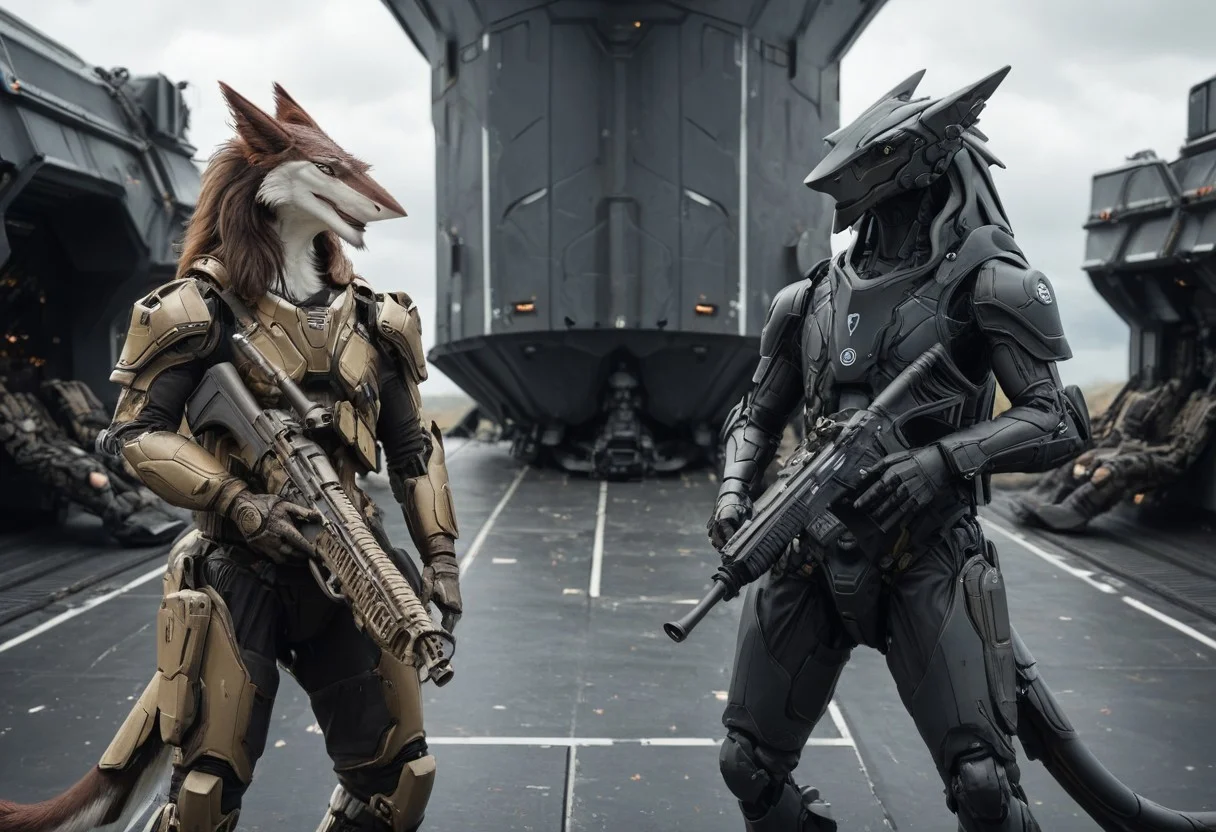 Cannon_design, Sergal, two people with guns and a spaceship in the background, sensitive, weapon, armor, gun, robot, mecha, rifle, furry, science fiction, sniper rifle