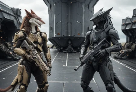 Cannon_design, Sergal, two people with guns and a spaceship in the background, sensitive, weapon, armor, gun, robot, mecha, rifle, furry, science fiction, sniper rifle