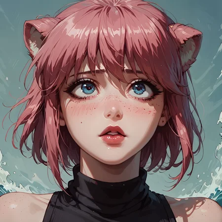 score_9, score_8_up, score_7_up, pinup girl pose,seductive, lucy, 1 sexy girl, pink hair, bob hair, wave hair, makeup, lipstick, big round eyes, turtleneck, looking up, (blushing:1.1), shy, rounded eyes, (perfect eyes:1.2), small breasts, cleavage, perfect face, (curvy body:1.3), semi realistic, heavy freckles, simple background, 80s, retro, emo, goth, eyelashes closeup shot, close up, macro shot, <lora:Concept Art Twilight Style SDXL_LoRA_Pony Diffusion V6 XL> <lora:Expressive_H-000001><lora:add-detail-xl> <lora:Char-LucyEL-pony.safetensors:0.8> <lora:GTHAN.safetensors:0.3> <lora:KenvaRetro.safetensors:0.3>, , ,