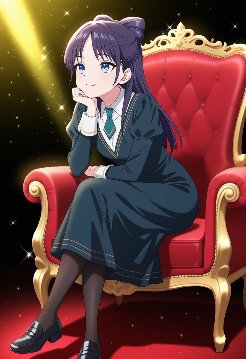(absurdres, best quality, masterpiece:1.4), amazing quality, highres, newest, detailed, detailed body, detailed face, source anime, anime coloring, beautiful, dark background, petite, on fancy red chair, sitting, yellow light ray, cross legs, hand to own chin, downturned eyes, looking ahead, facing forward, sparkles,
BREAK
WWNemu, 1girl, solo,  smile, NemuAniHu, dark purple hair, bow-shaped hair, parted bangs, half updo, blue eyes, v-neck dress, white inner collared shirt, Short necktie, juliet sleeves, long skirt, black pantyhose, black shoes,