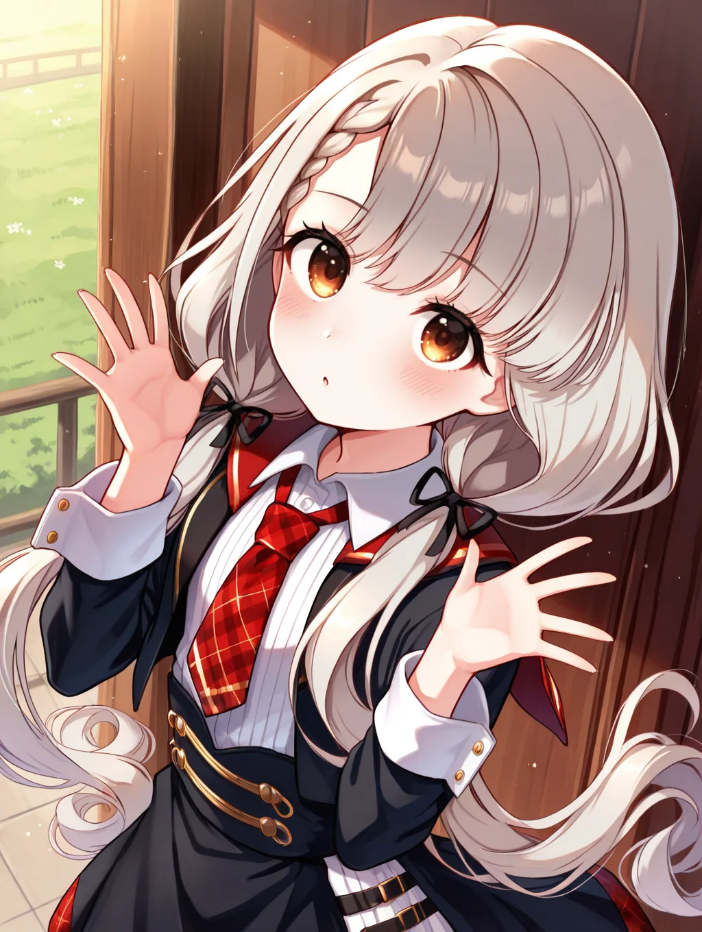 masterpiece,best quality,very aesthetic,absurdres,highres,newest,
hskwng blackdress,hisakawa nagi, asymmetrical bangs,belt,belt buckle,black belt,black dress,black ribbon, blush,braid,buckle, collared shirt,dress, eyelashes,brown eyes,grey hair, hair ribbon,long hair,long sleeves,low twintails, necktie,parted lips,plaid necktie,red necktie, red sailor collar,ribbon,sailor collar,shirt,
eye_focus,<lora:eye_focus:1>,
<lora:idolmaster_hisakawa_nagi_idoloutfit_ill_v1.0:1>,
