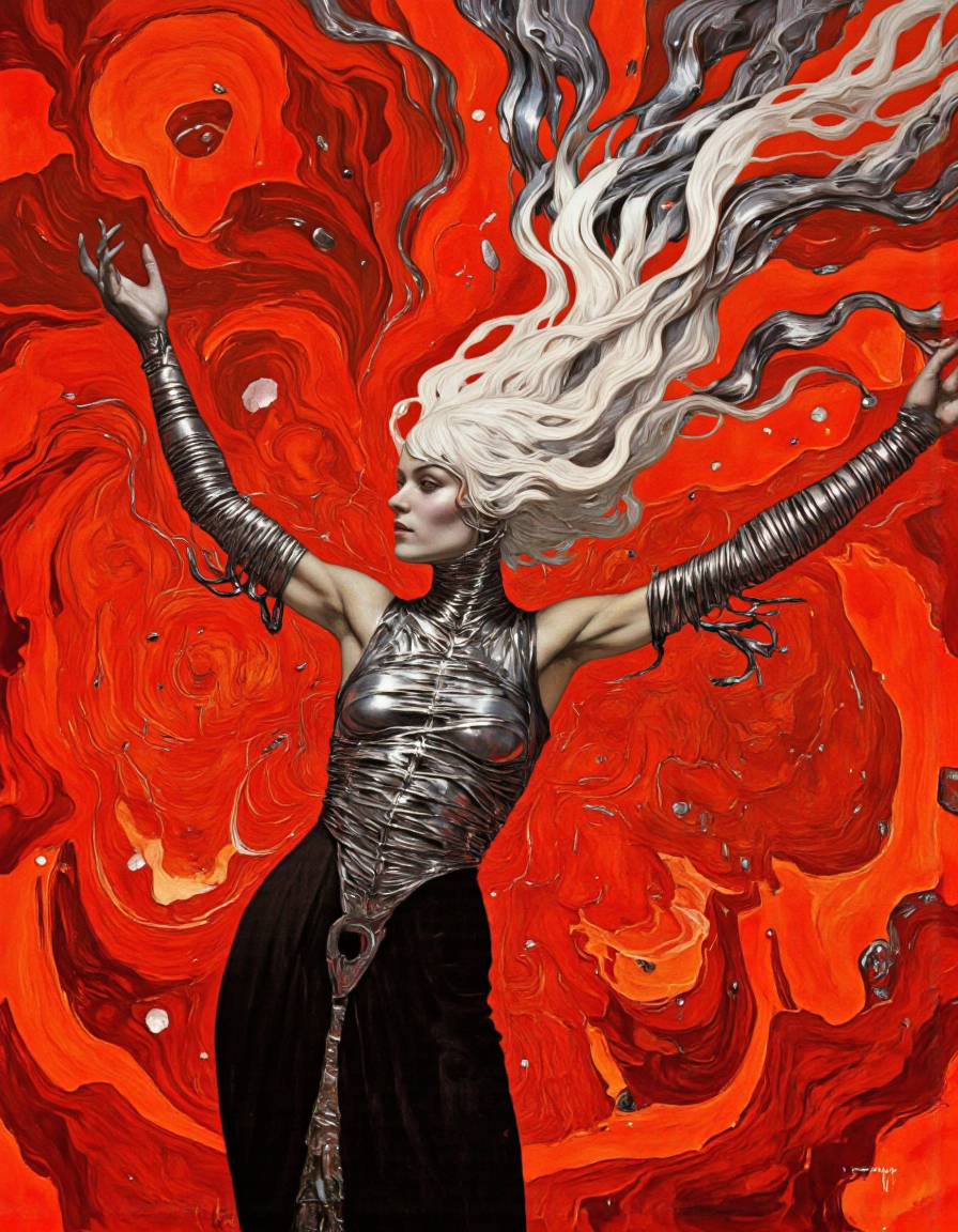 Art by Gerald Brom. A digital illustration shoot from below about a stylized, fantastical depiction of a woman with long, flowing white hair and a twisted, metallic appearance, suspended in the middle of the image. the woman, who appears to be in her mid-twenties, has a slender physique and is wearing a sleeveless, form-fitting black dress that accentuates her curves. her hair is styled in a way that frames her face, and she has a serene expression on her face. she is positioned in the center of the frame, with her arms stretched out to the sides, giving a sense of balance and power. the background is a vibrant, abstract red with swirling patterns, adding to the surreal and fantastical feel of the artwork. the artist's signature, "bron," is visible in the bottom right corner, adding a touch of authenticity to the overall composition.