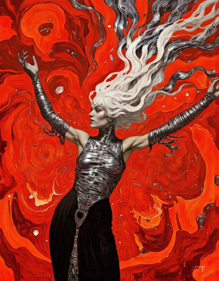 Art by Gerald Brom. A digital illustration shoot from below about a stylized, fantastical depiction of a woman with long, flowing white hair and a twisted, metallic appearance, suspended in the middle of the image. the woman, who appears to be in her mid-twenties, has a slender physique and is wearing a sleeveless, form-fitting black dress that accentuates her curves. her hair is styled in a way that frames her face, and she has a serene expression on her face. she is positioned in the center of the frame, with her arms stretched out to the sides, giving a sense of balance and power. the background is a vibrant, abstract red with swirling patterns, adding to the surreal and fantastical feel of the artwork. the artist's signature, "bron," is visible in the bottom right corner, adding a touch of authenticity to the overall composition.