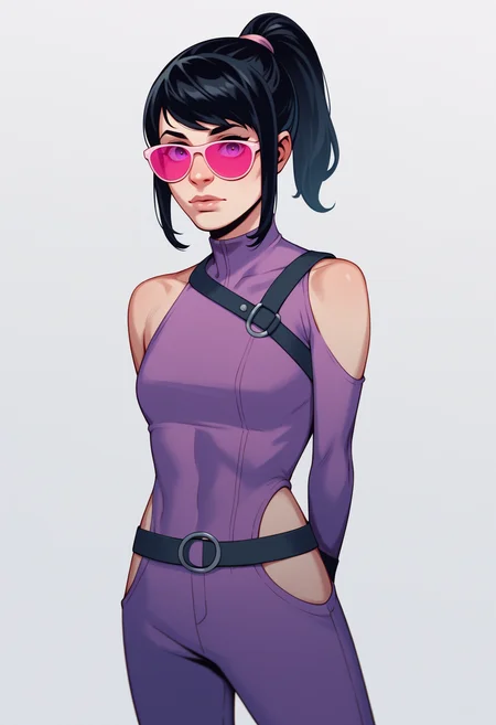 score_9, score_8_up, score_7_up, score_6_up, score_5_up, score_4_up, BREAK,
1girl, katebishop, black hair, ponytail, pink tinted sunglasses,
purple bodysuit, shoulder cutout, one-side sleeveless, belt,
arms behind back, upper body, looking at viewer, solo, simple background, white background <lora:KateBishopXL:1>
